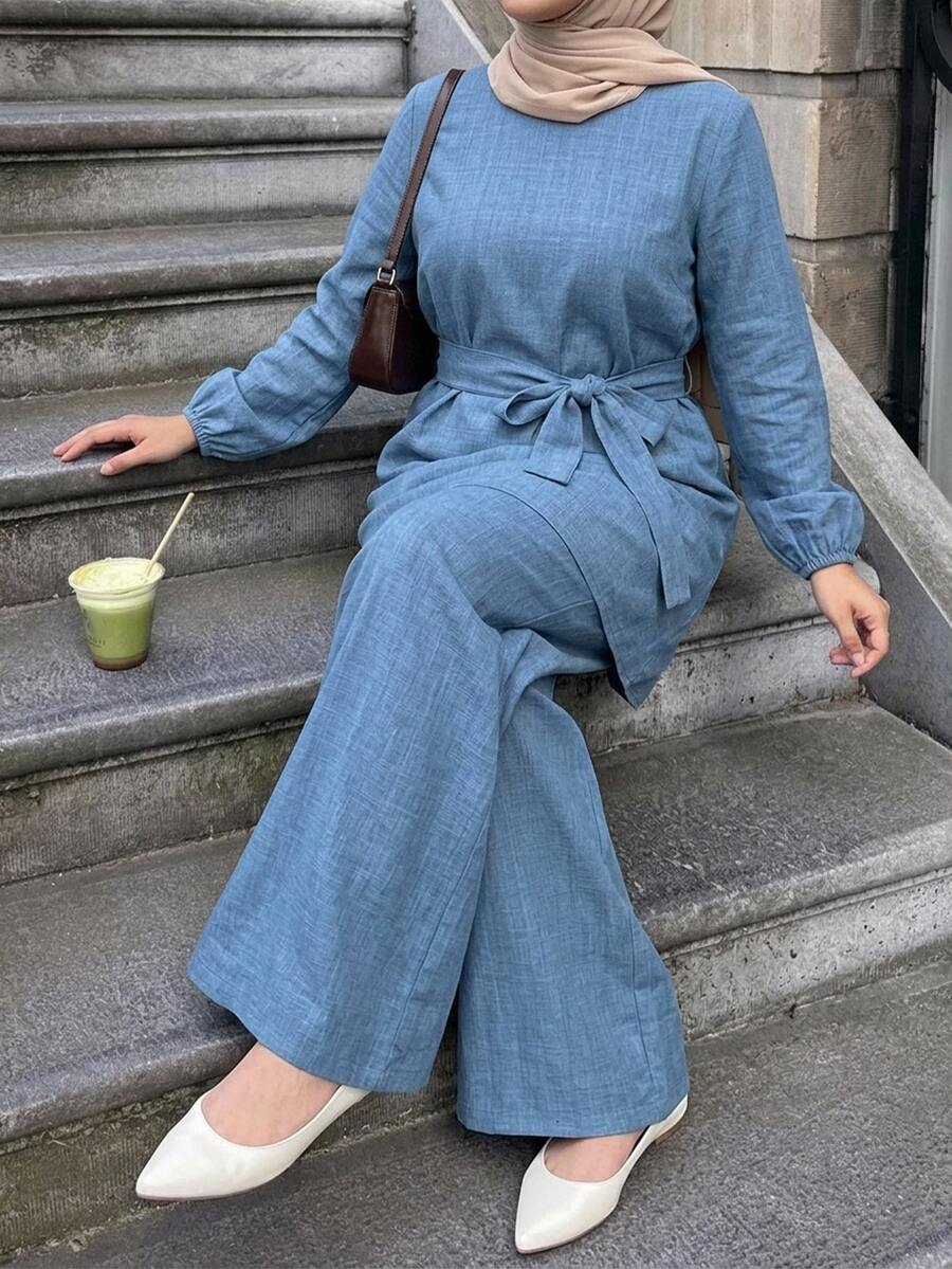 Dazy Plus Solid Color Casual Pullover Top With Tie Detail, Elegant & Versatile Commuter Long Pants, Spring/Autumn New 2-Piece Set - Blue - View 1