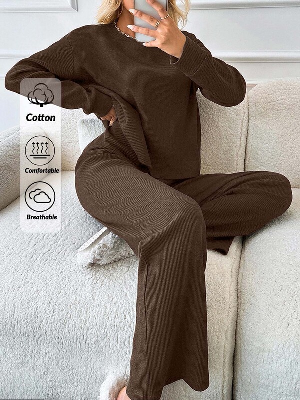 SHEIN maglietta casual a maniche lunghe con spalle cadenti in cotone 100% a costine, colore marrone tinta unita, taglia petite & pantaloni lunghi