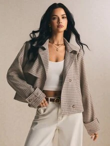 Poéselle 女款法式格紋優雅百搭短款風衣外套 - 棕色 - 查看 3