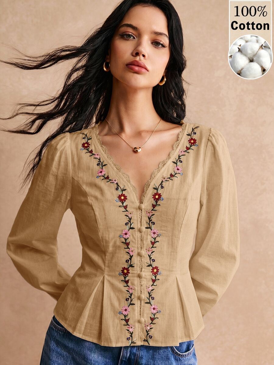Poéselle 女款蕾絲拼接花卉刺繡圖案休閒日常穿著襯衫 - 卡其色 - 查看 1