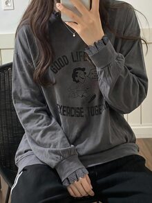 DAZY 女款圓領圖案印花對比蕾絲袖口短袖T恤 春夏季 - 深灰色 - 查看 7