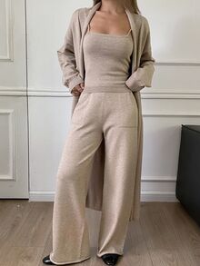 Livesso Tall Bộ đồ len nữ màu trơn gồm áo hai dây, áo choàng và quần dài cho mùa thu đông - Màu Khaki - Xem 4