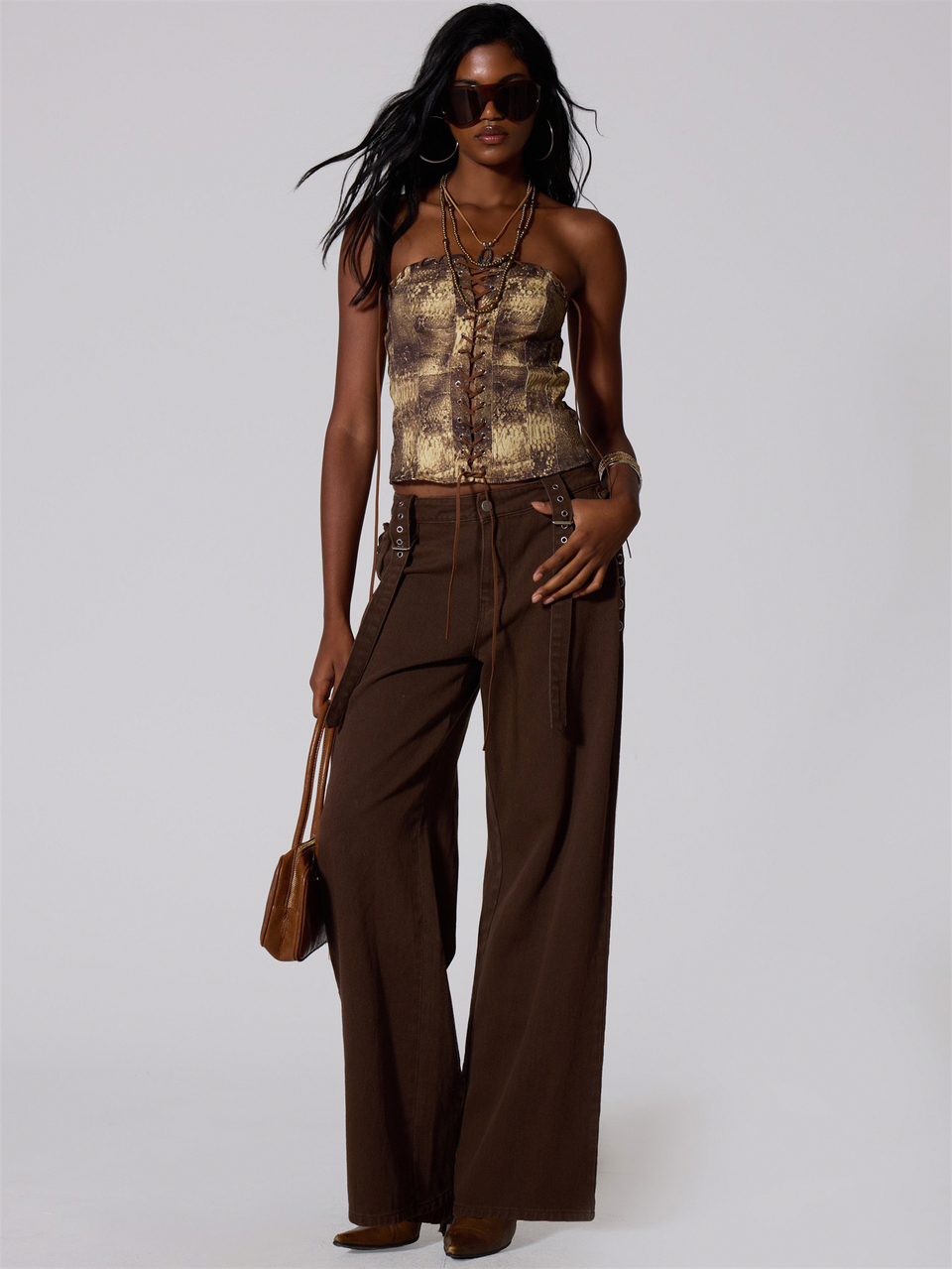 Brown Denim Multi Print Lace Up Corset Top
