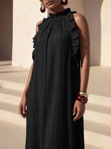 Zivah Women's Solid Color Patchwork Ruffle Halter Neck Dress For Vacation - Black - View 10