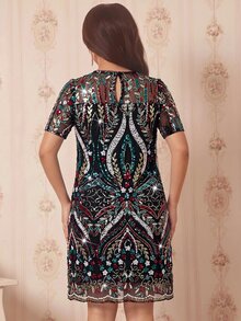 Amorya 女款優雅短洋裝，植物亮片網紗設計，圓領短袖 - 彩色 - 查看 2
