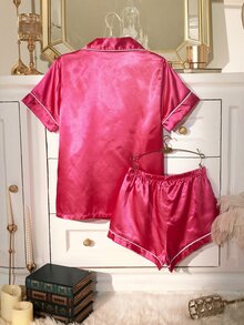 LuxeNights 女款純色前開扣貼袋飾邊短袖短褲睡衣套裝居家服 - 玫紅色 - 查看 2