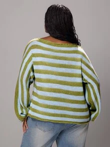 Rustia Women's Plus Size Loose Knit Striped Pullover Sweater - Green - View 2