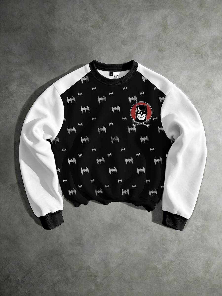 BATMAN X SHEIN Manfinity EMRG Sudadera de manga larga para hombre con logo de murciélago, contraste negro & blanco, insignia en la cabeza - Multicolor - Ver 1