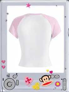 Paul Frank X ROMWE 亞文化女孩休閒聯名款「I Love」印花落肩袖修身女款T恤 - 淺粉色 - 查看 2