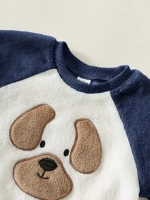 SHEIN 2件組男嬰卡通動物圖案保暖內裡加厚冬季運動衫與運動長褲套裝，秋季小學服飾 - 藏蓝色 - 查看 3