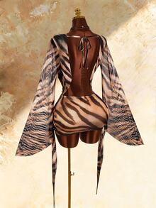 Amplova Women's Cowl Neck Animal Print Sexy Long Sleeve Dress - Brown - View 1