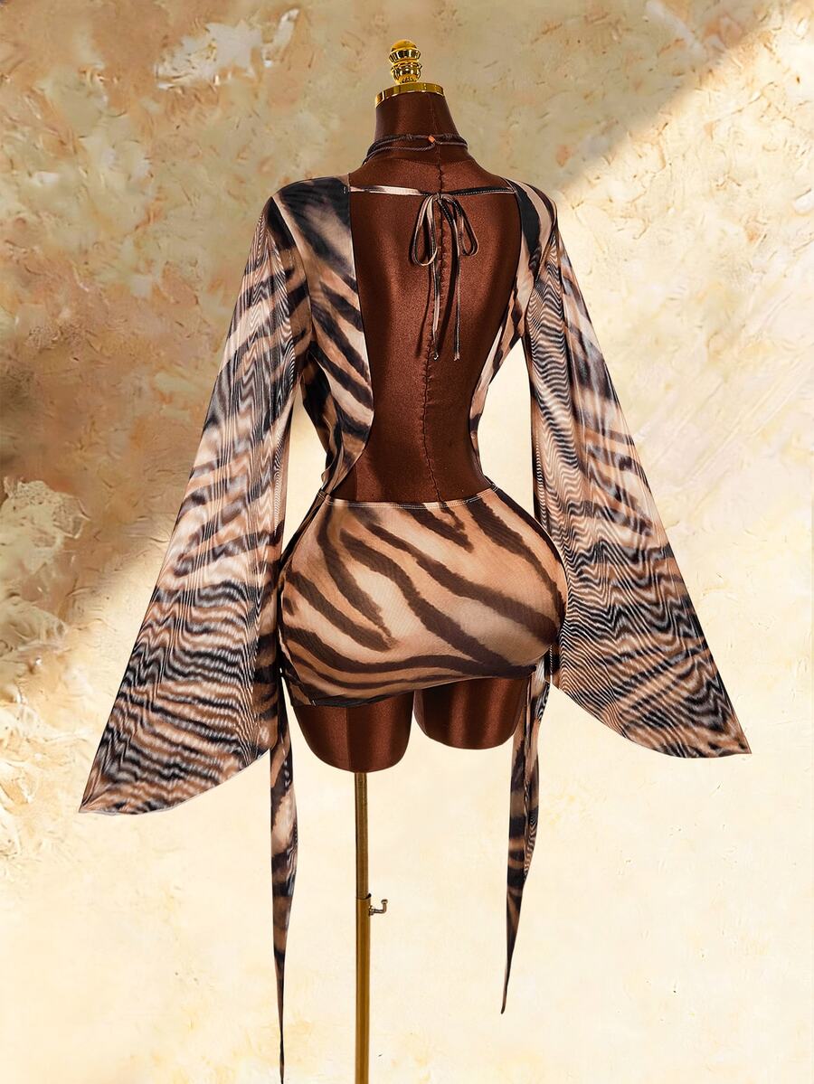 Amplova Women's Cowl Neck Animal Print Sexy Long Sleeve Dress - Brown - View 1