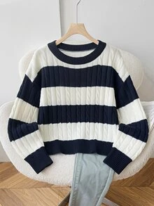SHEIN 青少年女孩現代藍白條紋海軍藍圓領針織衫，秋冬開學季 - 藏蓝色 - 查看 2