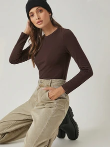 SHEIN BASICS 女款休閒百搭純色修身長袖T恤上衣 白色 - 棕色 - 查看 5