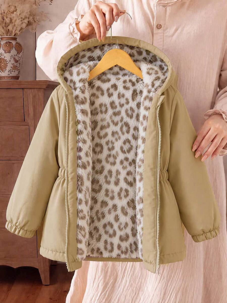 SHEIN Elladie kids 1件女款冬季新款粉色花卉保暖內裡拉鍊開襟外套,彈性腰頭連帽衛衣,加厚保暖休閒通勤百搭極簡時尚防寒夾克 - 卡其色 - 查看 1