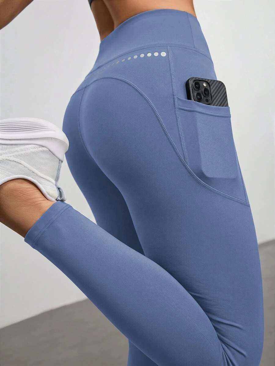 SHEIN With My Calm 女款高腰口袋休閒百搭日常穿著運動緊身褲 - 藍色 - 查看 1