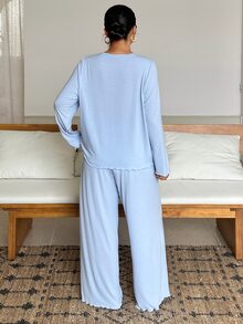 Dazy Plus Spring/Autumn Casual Solid Color Minimalist Knitted Dense Hem Wavy Edge Loungewear Set - Baby Blue - View 2