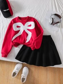 SHEIN 2件組 青少年女孩返校季大學風秋冬蝴蝶結印花長袖衛衣與時尚短裙，修身剪裁，展現青春活力氛圍，適合校園或日常穿著 - 紅色 - 查看 6
