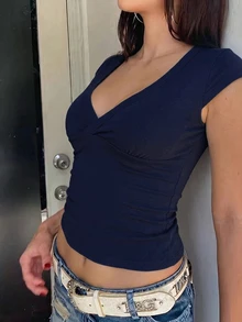INAWLY 女款純色抓皺修身百搭休閒T恤 - 藍色 - 查看 5