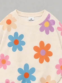 SHEIN 兒童青少年女孩圓領休閒落肩秋季衛衣，花卉圖案 - 白色 - 查看 7