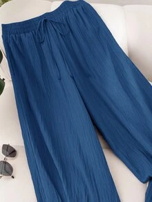 CosyJoli Plus Size Casual Versatile Solid Color Pants - Blue - View 3