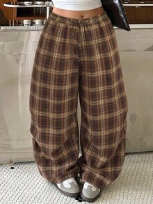 Muchica Plus Size Women's Plaid Casual Versatile Daily Travel Long Pants - Multicolor - View 5