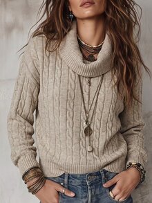 SHEIN Women's Solid Color Casual Versatile Daily Wear Long Sleeve Sweater - Apricot - View 5
