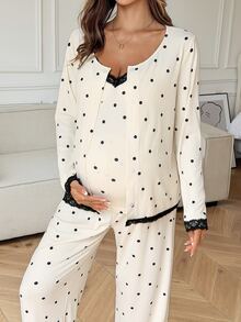 Dazy Maternity Contrast Color Polka Dot Lace Trim Slim Fit Camisole Straight Leg Pants Loose Cardigan Casual Daily Home Spring Autumn 3-Piece Set Maternity 2-Piece Set - Apricot - View 4