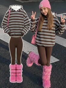 SHEIN 青少年女孩連帽落肩運動衫與緊身內搭褲2件套 - 彩色 - 查看 1