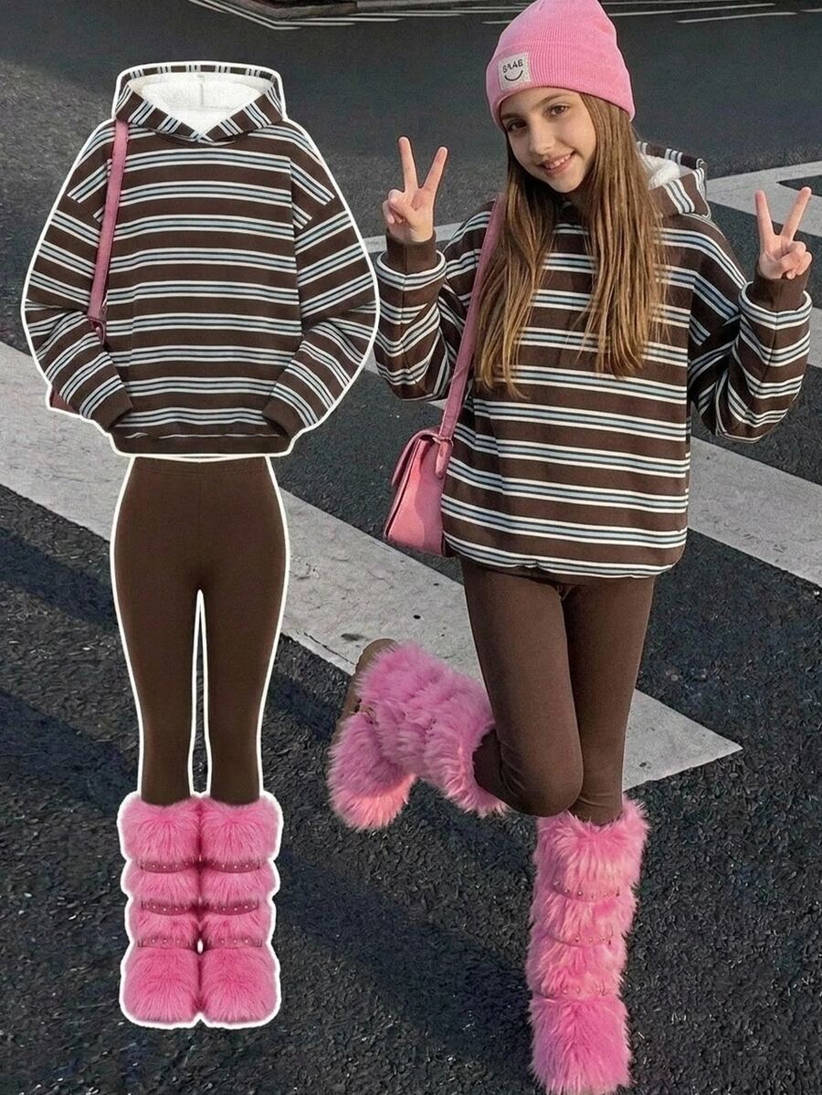 SHEIN 青少年女孩連帽落肩運動衫與緊身內搭褲2件套 - 彩色 - 查看 1