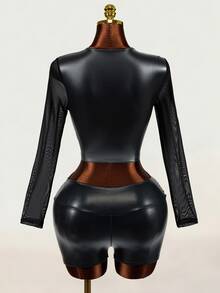 Mistrie Women's Sexy Goth Fitted Fashion Mesh Patchwork Cropped Top Halloween Night Out Clubbing Black Fall - Black - View 2