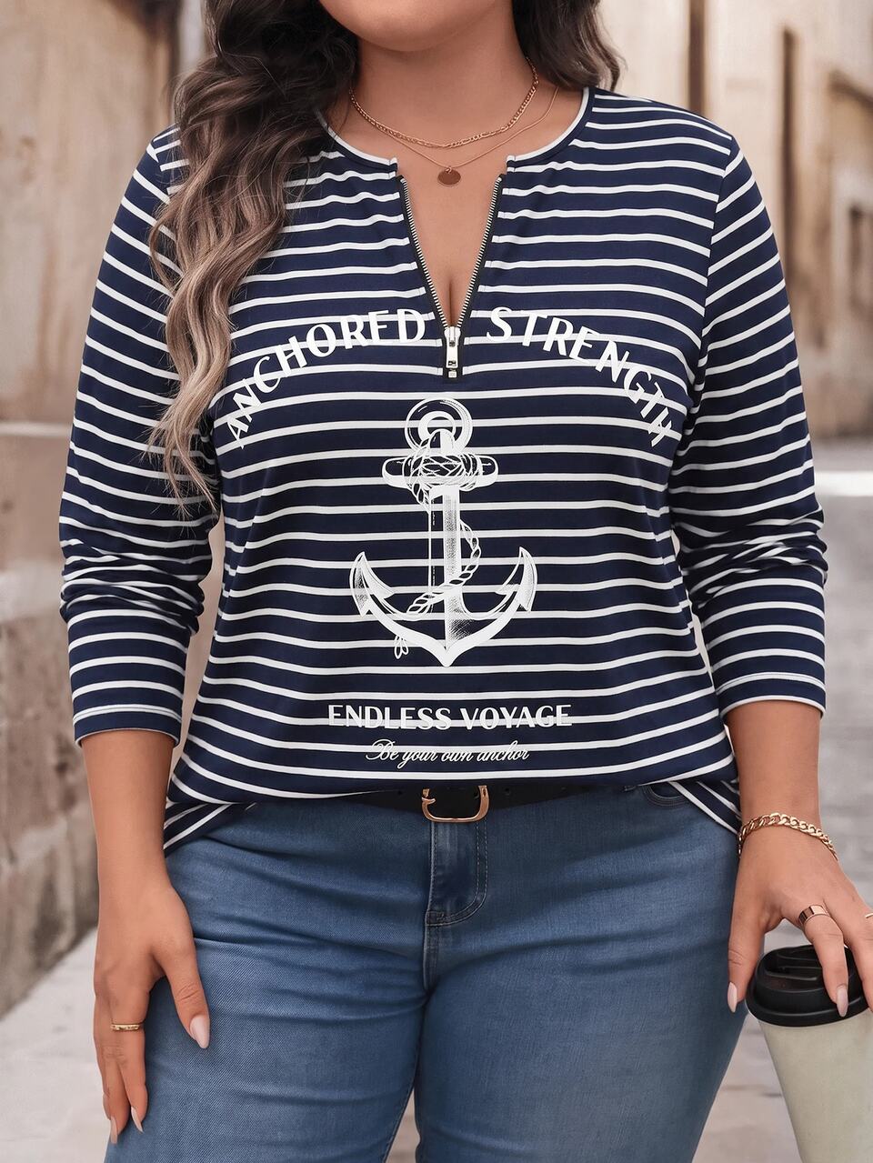 Plus Size Women Autumn/Winter Casual Vacation Striped Pattern Navy Blue T-Shirt Top With Zipper Neckline,Fall  Top,Going Out ,Daily Wear,Holiday