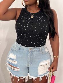 Slaydiva Plus Size Casual Basic Fitted Rhinestone Black Round Neck Off-Shoulder Tank Top - Black - View 3