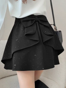 FRIFUL Women's Autumn Bowknot Decor Short Skirt - Black - View 1