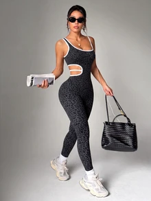 Slayform Slayform Women's One-Shoulder Leopard Print Colorblock Casual Daily Sports Jumpsuit - Black - View 4
