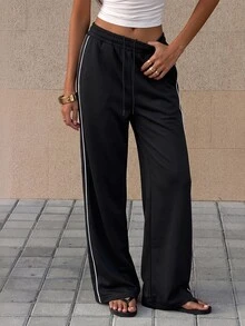 SHEIN Dewbera Women's Loose Straight Leg Sweatpants, Versatile Slimming Floor-Length Casual Long Pants For Outdoor And Leisure - Black - View 2