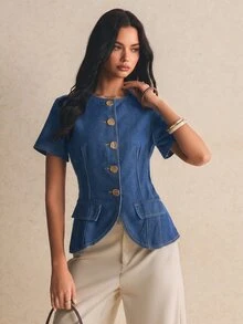 Poéselle Women's Round Neck Metal Single-Breasted Short Sleeve Denim Top - Medium Wash - View 8