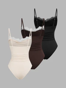Sweetra Women's Fashion Elegant Comfortable Milk Silk & Lace Trim Bodysuit Set, Versatile & Unique, Multi-Color Combination - Multicolor - View 2