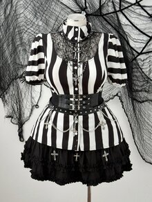 Sunspun Plus Size Halloween Striped Lace Patchwork Blouse - Multicolor - View 6