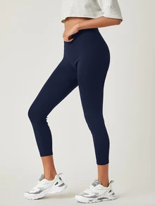 SHEIN BASICS 女款純色透氣七分緊身褲 夏季健身瑜伽運動穿搭 海軍藍 休閒基礎款 - 藏蓝色 - 查看 3