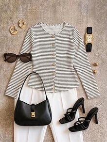 Franclia Blue White Stripe Plus Size Fitted Short Cardigan, Round Neck Long Sleeve Floral Button Design, Casual Elegant Sailor Classy Top Women, Fall - Multicolor - View 6