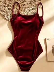 Franclia 女款純色垂領仿珍珠裝飾時尚細肩帶連身內衣 - 紅色 - 查看 3