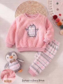 Cozy Pixies 新生兒嬰兒圓領企鵝刺繡島嶼印花可愛粉色搖粒絨法蘭絨居家服舒適 - 粉色 - 查看 3