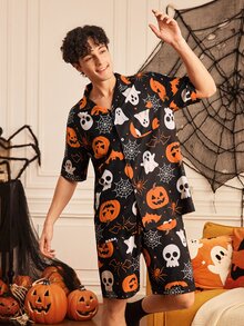 Provexi Provexi Halloween Men's Lapel Collar Open Front Short Sleeve Shorts Pajama Set - Multicolor - View 4