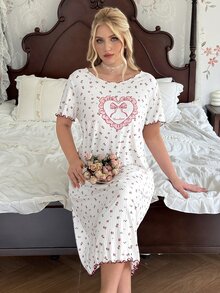 CottageSlumber Sweet Fresh Floral Heart Print Plus Size Nightgown, Girly Bow & Frill Trim Design Loungewear - Apricot - View 4