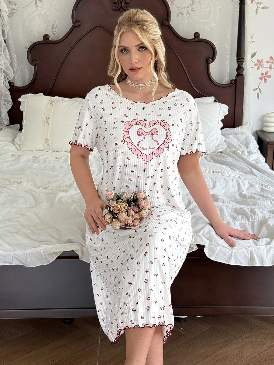 CottageSlumber Sweet Fresh Floral Heart Print Plus Size Nightgown, Girly Bow & Frill Trim Design Loungewear - Apricot - View 1