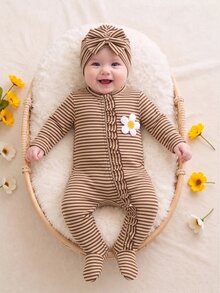 SHEIN 秋冬新生兒蝴蝶結印花可愛嬰兒連身衣+帽子 - 棕色 - 查看 3