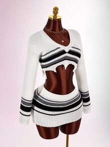 Amplova Black White Gray Striped Long Sleeve Distressed Fitted Bodycon Mini Knit 2 Pieces Set - Black and White - View 4