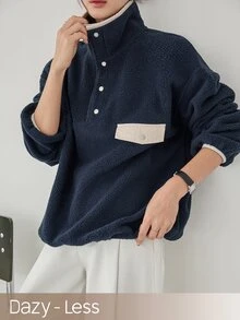 Dazy-Less Women's Colorblock Drop Shoulder Long Sleeve Button Half-Placket Casual Sweatshirt Business Casual Woman Fall - Navy Blue - View 1