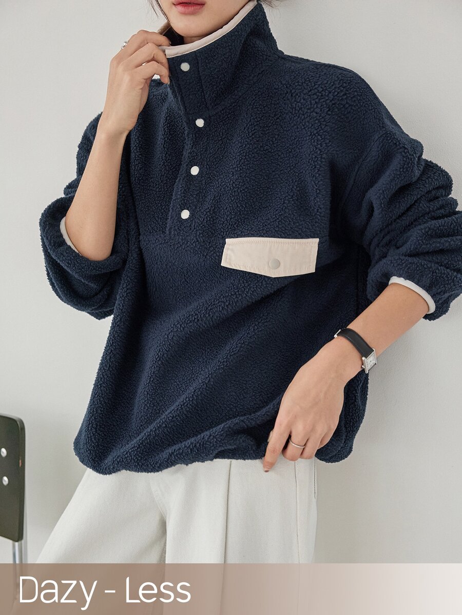 Dazy-Less Women's Colorblock Drop Shoulder Long Sleeve Button Half-Placket Casual Sweatshirt Business Casual Woman Fall - Navy Blue - View 1